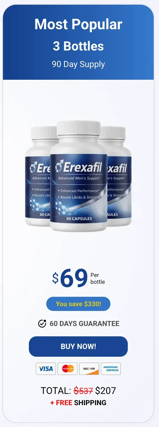 Erexafil Most Popular Package - 3 bottles at $69 per bottle, 90 day supply with $330 savings
