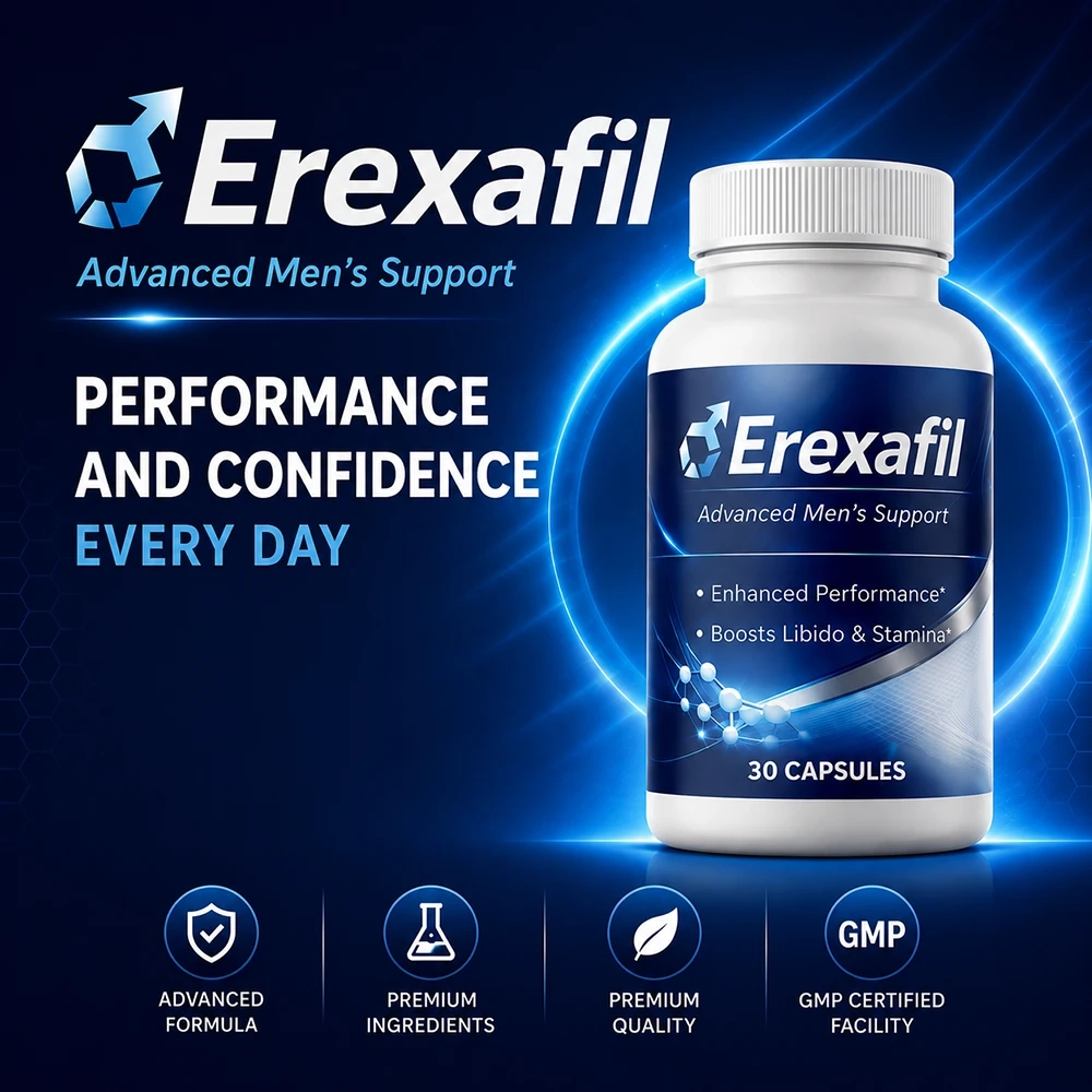 Erexafil natural men's daily vitality supplement bottle with GMP quality seals